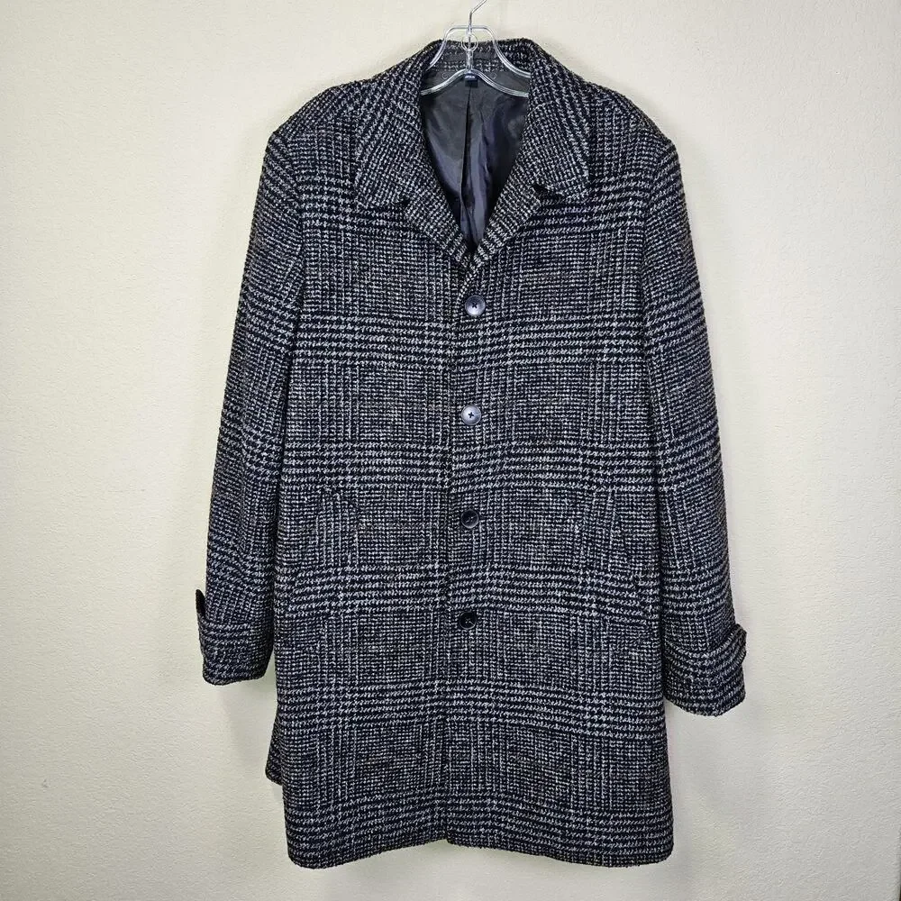 J.Crew Thompson Tweed Overcoat Men 40 Herringbone Plaid Wool Blend Black Heavy M